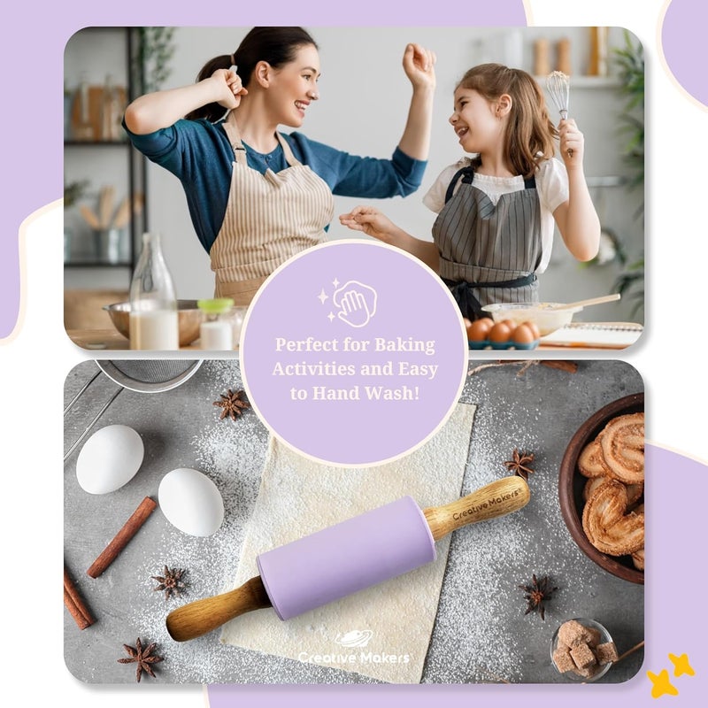 Creative Makers Small Rolling Pin for Kids, Non-Stick Silicone Surface with Wooden Handles for Play Dough and Baking Rolling Pin (Light Purple) - Image 5